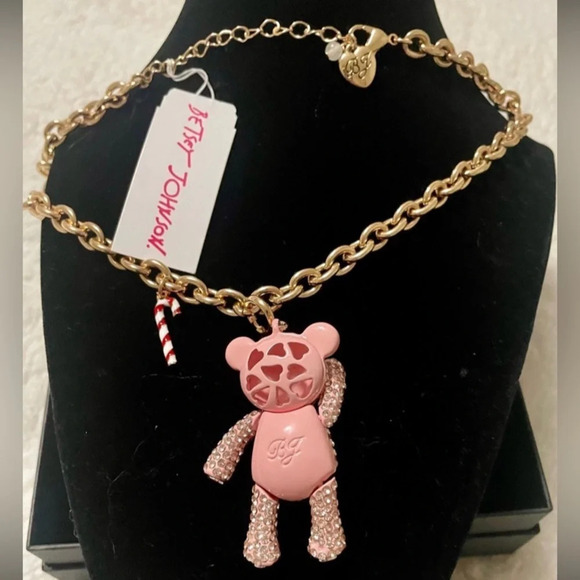 BETSEY JOHNSON Christmas Teddy Bear Pink Inlay Crystal Necklace Belly Charms NWT - Picture 3 of 9